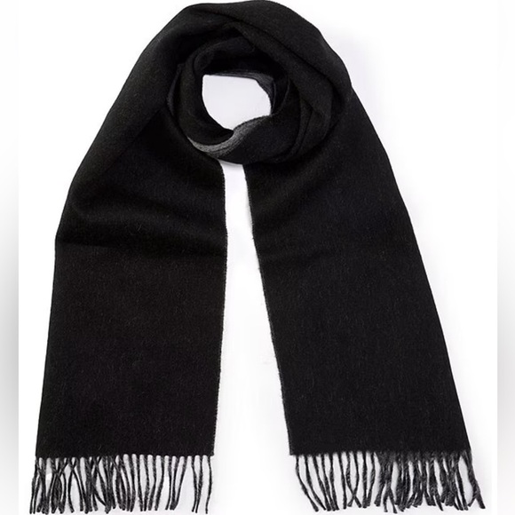 Hickey Freeman Solid Double Face Merino Wool Fringe Scarf Black/Gray Reversible - Picture 1 of 12